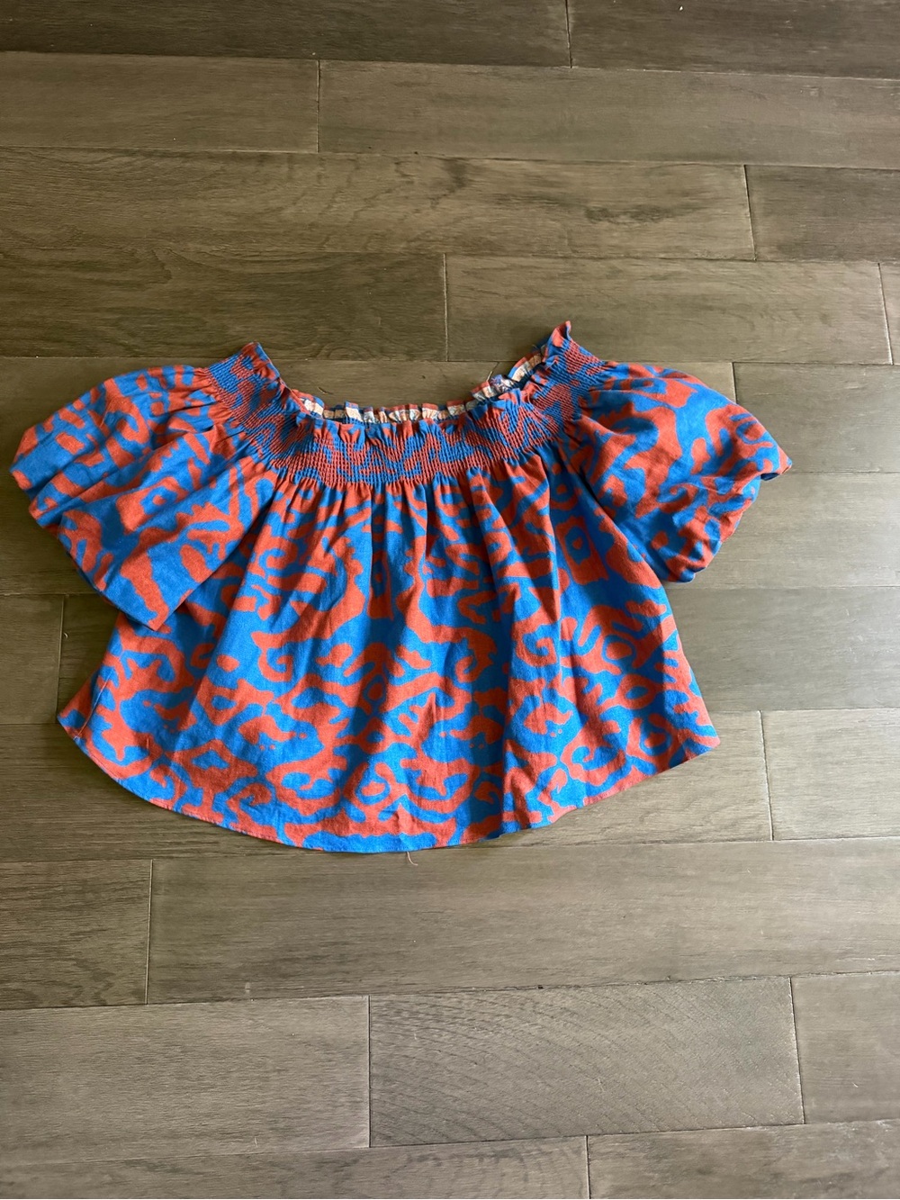 Nine West Blue and Orange Off-Shoulder Smocked Crop Top